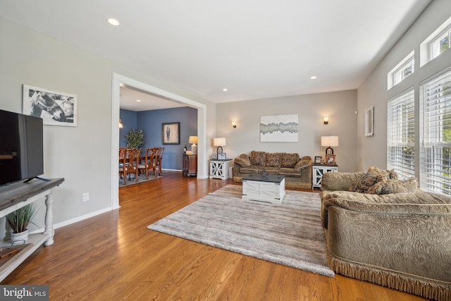 living area with recessed lighting, baseboards, and wood finished floors