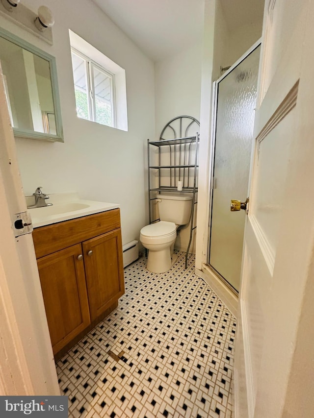 241 Ardmore Ave, Upper Darby, PA 19082 - bathroom with vanity, a baseboard heating unit, toilet, and a shower stall