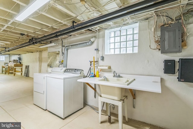 laundry room with electric panel, separate washer and dryer, and laundry area