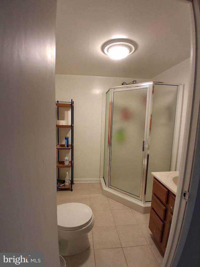229 Old Line Ave, Laurel, MD 20724 - bathroom with a shower stall, vanity, toilet, tile patterned floors, and baseboards