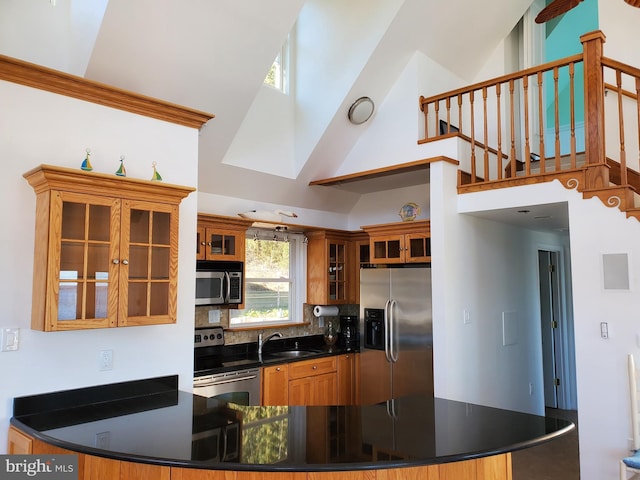 16254 Neabsco Beach Way, Woodbridge, VA 22191 - kitchen with a peninsula, a sink, dark countertops, high vaulted ceiling, and appliances with stainless steel finishes