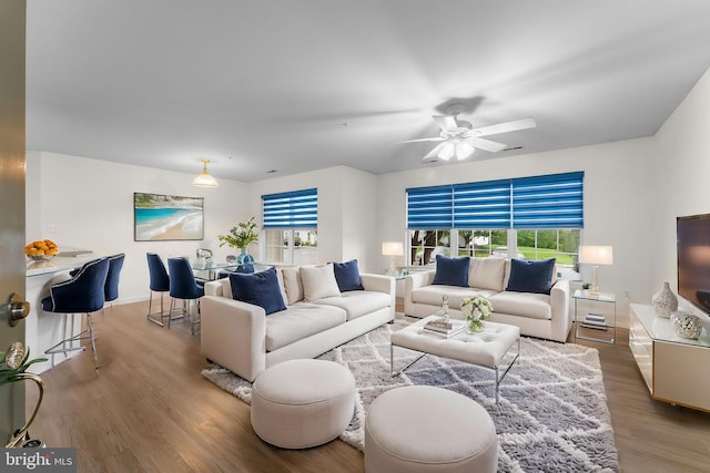 living room with wood finished floors and a ceiling fan