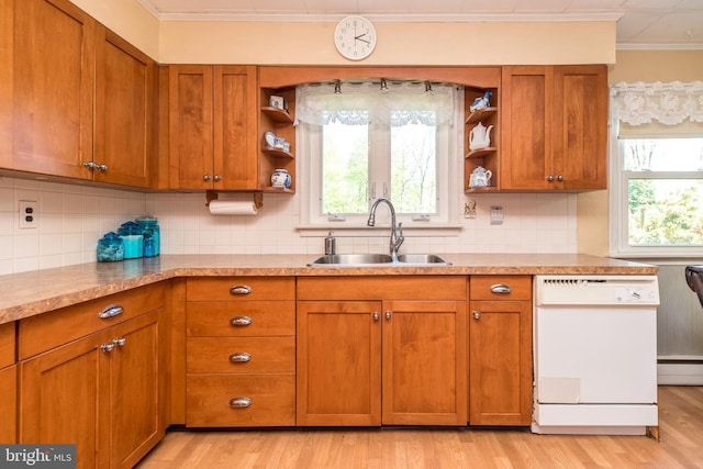 kitchen with a sink, open shelves, brown cabinets, and dishwasher