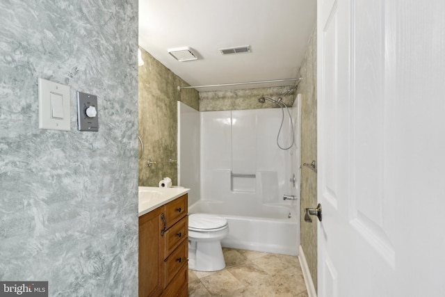 bathroom with toilet, visible vents, vanity, and bathing tub / shower combination
