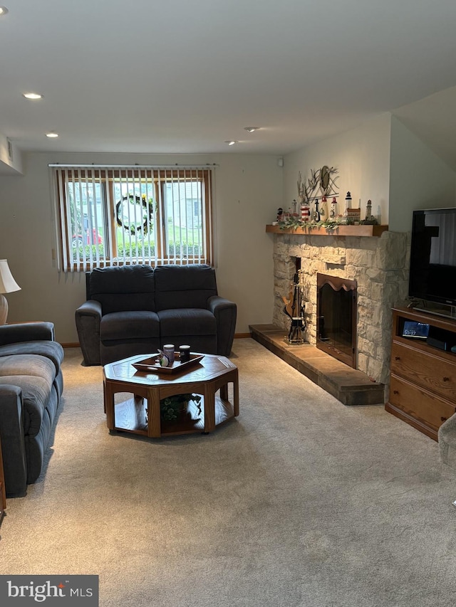1011 Twist Rd, Philadelphia, PA 19115 - carpeted living room featuring recessed lighting and a stone fireplace