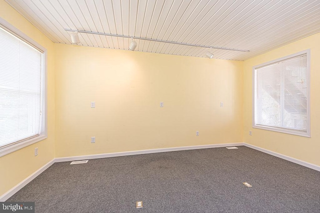 29 Salt Grass Rd, Ocean Pines, MD 21811 - empty room with track lighting, dark colored carpet, baseboards, and wooden ceiling