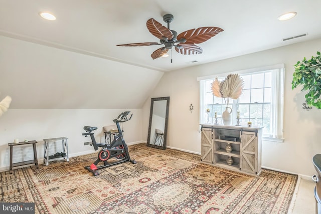 exercise room with recessed lighting, visible vents, baseboards, and ceiling fan