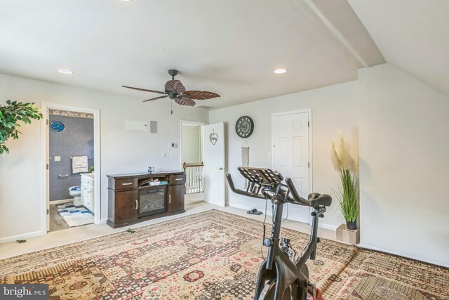 exercise room featuring ceiling fan, baseboards, carpet floors, and recessed lighting