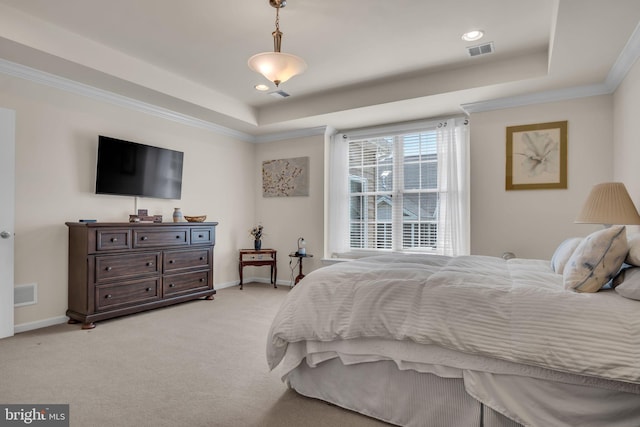323 Valor Dr, Mechanicsburg, PA 17050 - bedroom featuring crown molding, light colored carpet, a tray ceiling, and visible vents