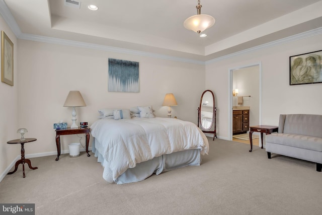 323 Valor Dr, Mechanicsburg, PA 17050 - carpeted bedroom featuring visible vents, crown molding, a raised ceiling, baseboards, and connected bathroom