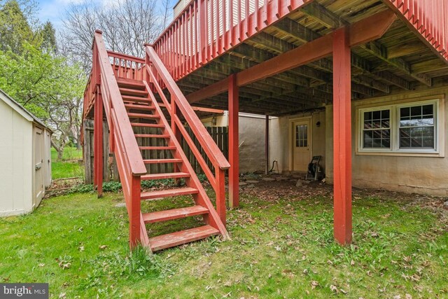 exterior space with stairway and a wooden deck