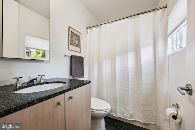 full bathroom with vanity, toilet, and a shower with shower curtain