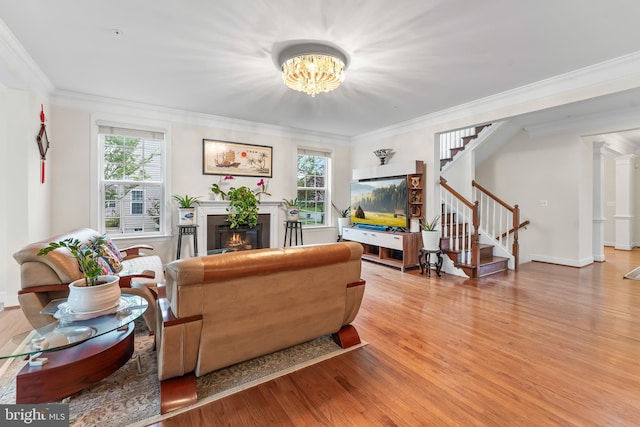 living room with stairway, a chandelier, wood finished floors, crown molding, and a glass covered fireplace