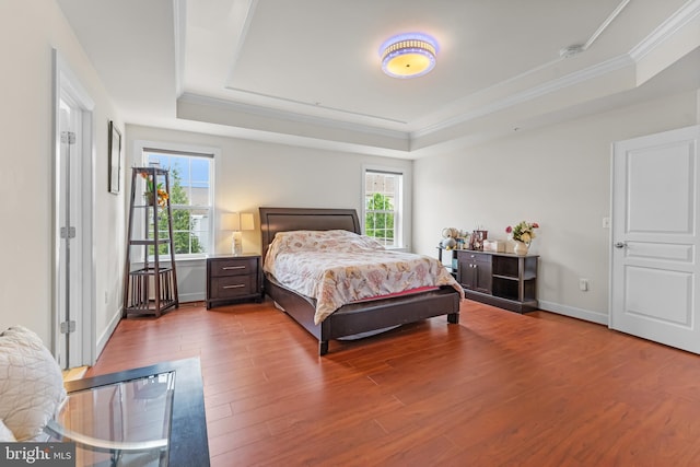 bedroom with a raised ceiling, multiple windows, wood finished floors, and crown molding