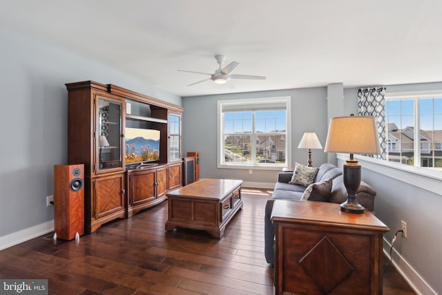 207 Reid Way, West Chester, PA 19382 - living room featuring dark wood-style flooring, ceiling fan, and baseboards