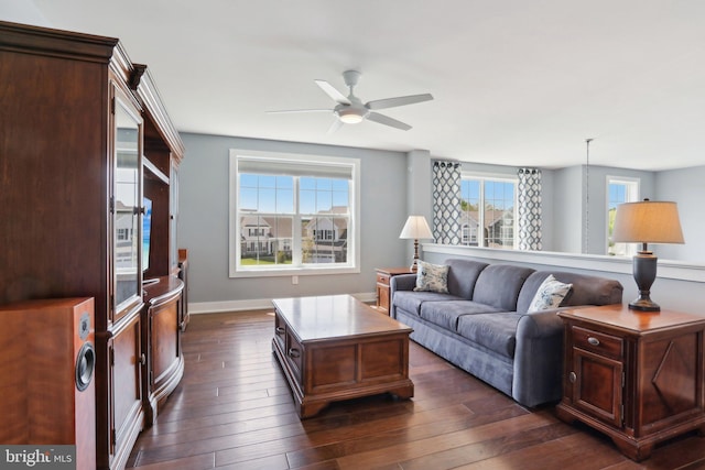 207 Reid Way, West Chester, PA 19382 - living room featuring baseboards, ceiling fan, and dark wood-style floors