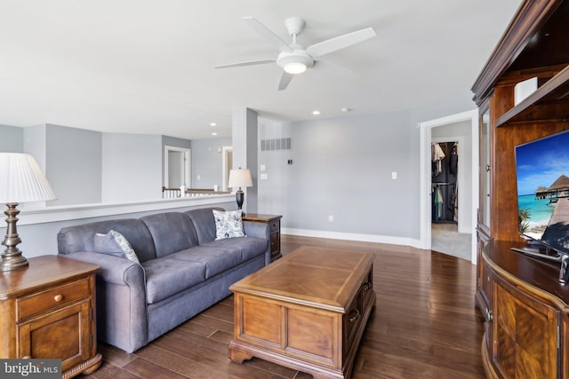 207 Reid Way, West Chester, PA 19382 - living room featuring visible vents, baseboards, recessed lighting, a ceiling fan, and dark wood finished floors