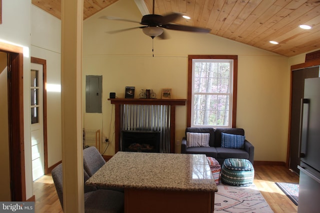 659 Settlers Valley Way, Lost River, WV 26810 - living room with wooden ceiling, ceiling fan, electric panel, and lofted ceiling