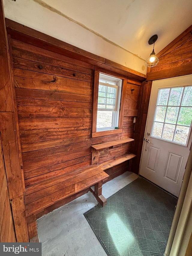 659 Settlers Valley Way, Lost River, WV 26810 - mudroom with wooden walls and lofted ceiling