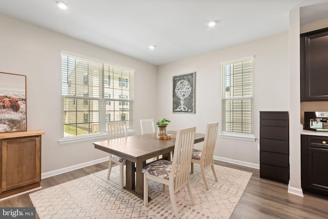 dining room featuring plenty of natural light, baseboards, and wood finished floors