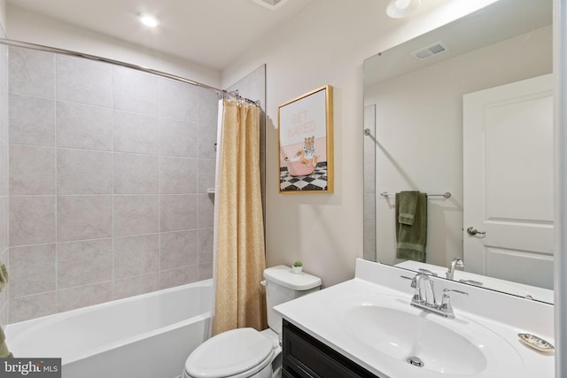 full bath featuring visible vents, shower / bath combination with curtain, toilet, and vanity