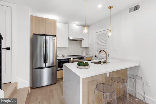 kitchen featuring stainless steel appliances, a sink, a peninsula, light wood finished floors, and backsplash