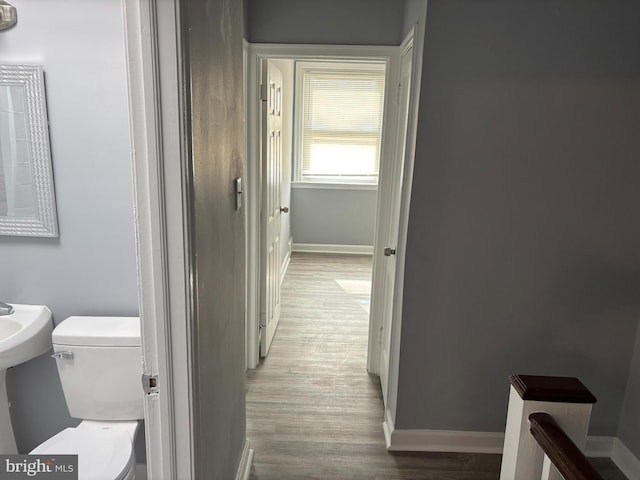 bathroom with wood finished floors, toilet, and baseboards