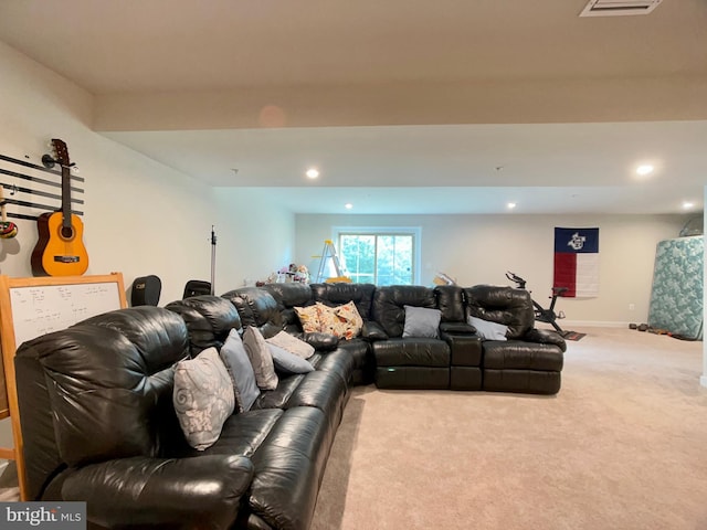 carpeted living room featuring recessed lighting and baseboards