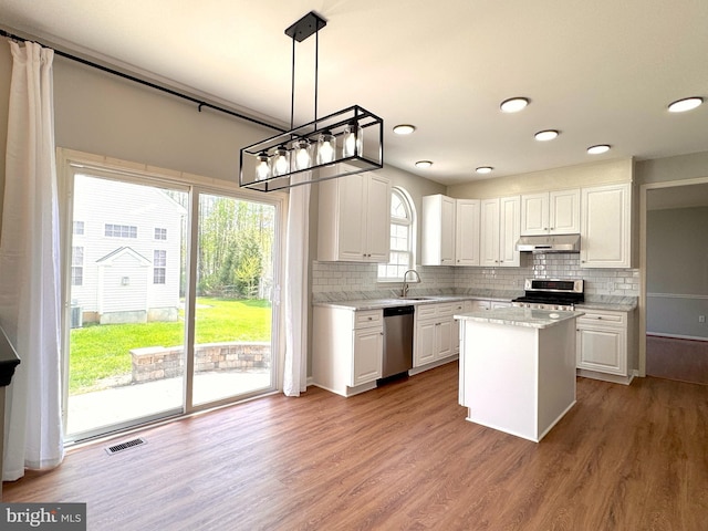 1 Donegal, Newark, DE 19702 - kitchen featuring white cabinets, a sink, visible vents, under cabinet range hood, and appliances with stainless steel finishes