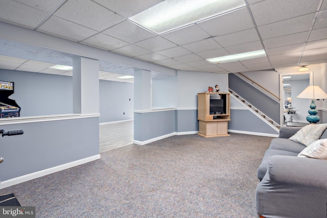 12910 Mayflower Ln, Bowie, MD 20720 - carpeted living area featuring a drop ceiling, stairs, and baseboards
