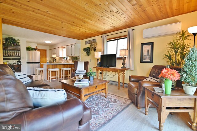 living area with a wall mounted AC, wooden ceiling, baseboard heating, and light wood finished floors