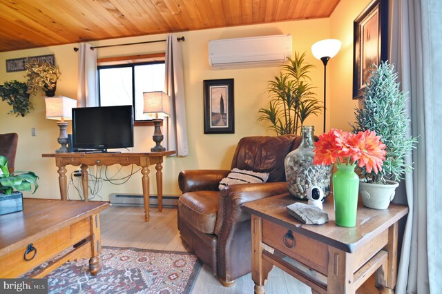 sitting room featuring wood finished floors, a wall unit AC, baseboard heating, and wooden ceiling