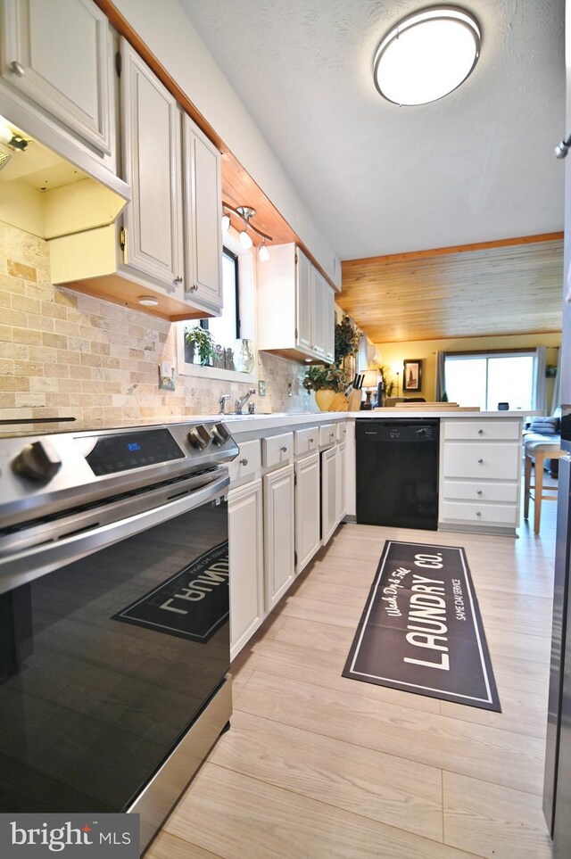 kitchen with black dishwasher, under cabinet range hood, plenty of natural light, and electric stove