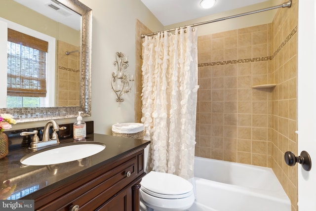 full bathroom with toilet, visible vents, shower / bathtub combination with curtain, and vanity