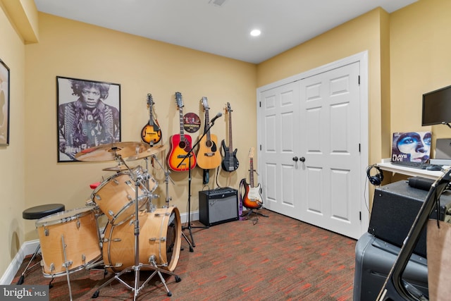 interior space with recessed lighting, carpet, and baseboards
