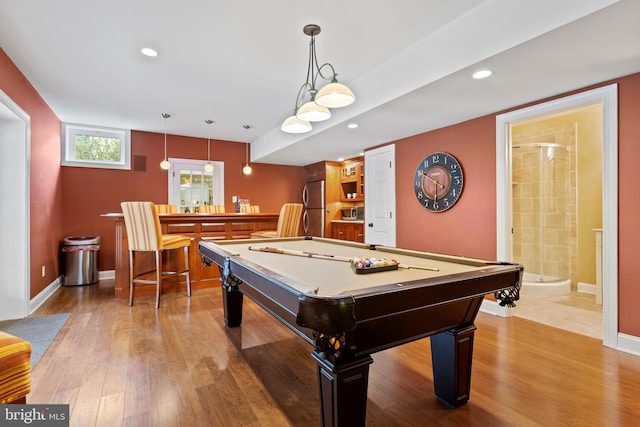 game room with pool table, a dry bar, baseboards, and recessed lighting