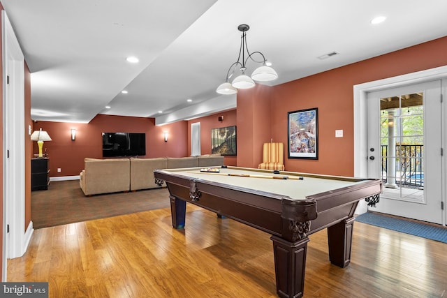 recreation room with recessed lighting, baseboards, billiards, and wood finished floors