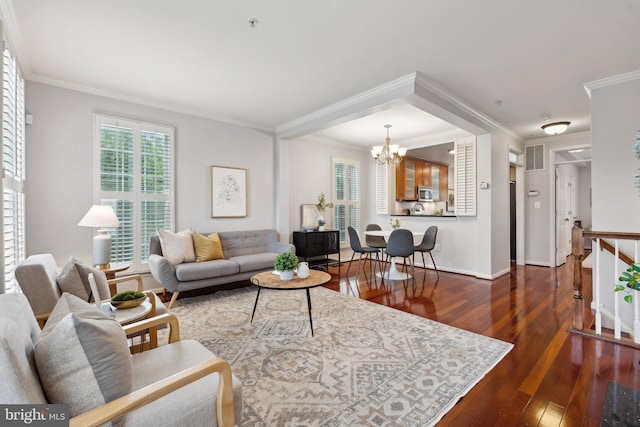 1617 Potomac Greens Dr Unit A, Alexandria, VA 22314 - living area featuring a chandelier, dark wood-type flooring, ornamental molding, and baseboards