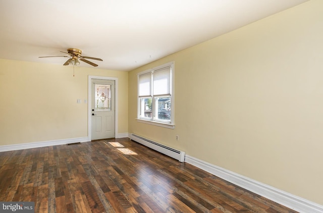 unfurnished room featuring dark wood-style flooring, visible vents, baseboards, ceiling fan, and a baseboard radiator