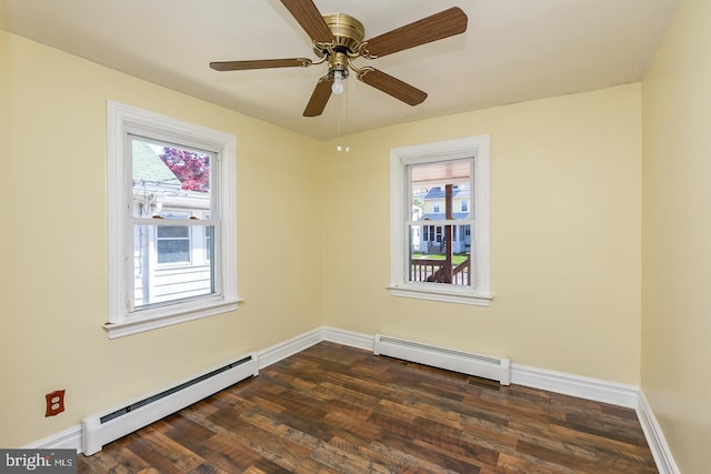empty room featuring ceiling fan, baseboards, a baseboard radiator, and dark wood-style flooring