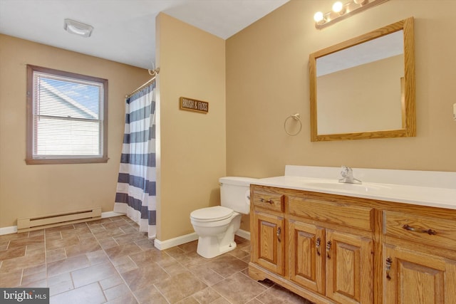 full bath featuring vanity, baseboards, a baseboard heating unit, and toilet