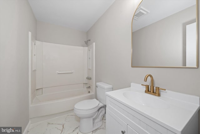 bathroom featuring  shower combination, toilet, visible vents, marble finish floor, and vanity