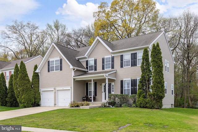view of front facade featuring concrete driveway, an attached garage, covered porch, and a front lawn