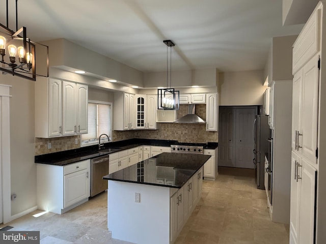kitchen with backsplash, a kitchen island, dishwasher, a sink, and white cabinetry