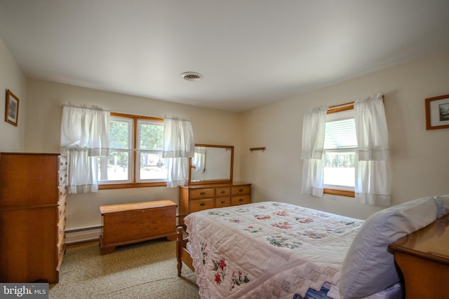 bedroom featuring visible vents and a baseboard radiator