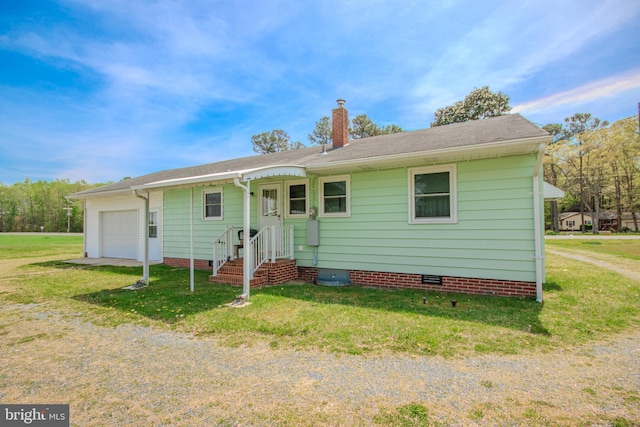 single story home with a front yard, crawl space, and a chimney