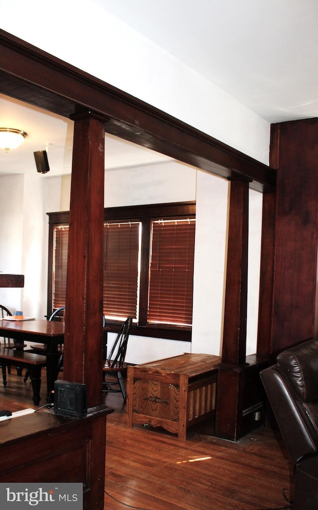 408 Prince George St, Cumberland, MD 21502 - dining space featuring decorative columns and wood-type flooring