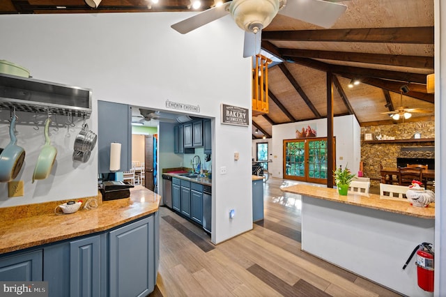 2436 Warm Springs Rd, Shenandoah Junction, WV 25442 - kitchen with a ceiling fan, a sink, stainless steel dishwasher, beam ceiling, and blue cabinets