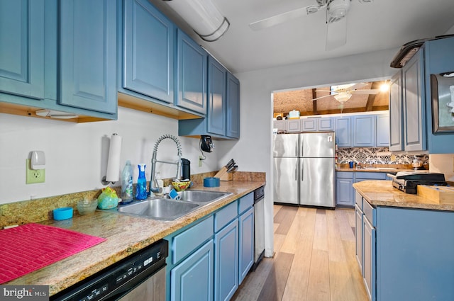2436 Warm Springs Rd, Shenandoah Junction, WV 25442 - kitchen featuring appliances with stainless steel finishes, blue cabinetry, ceiling fan, and a sink