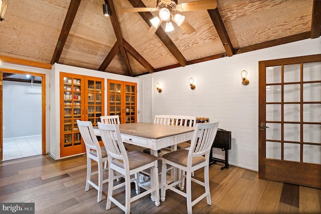 2436 Warm Springs Rd, Shenandoah Junction, WV 25442 - dining room featuring wood-type flooring, ceiling fan, wooden ceiling, and french doors